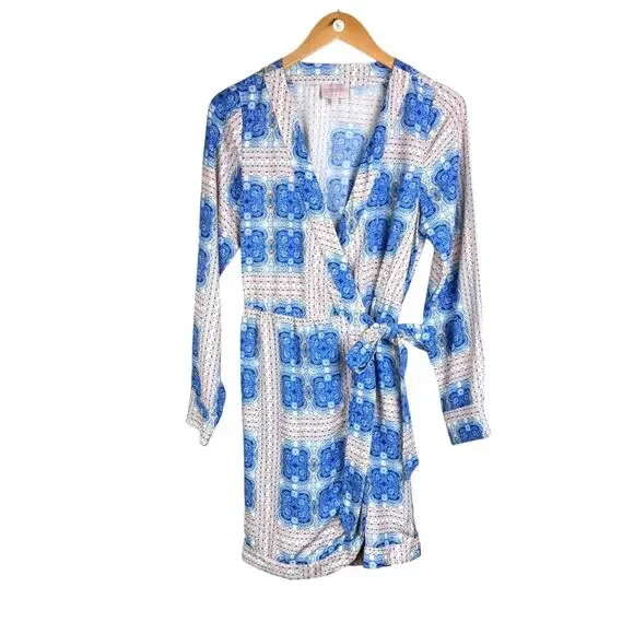 Ciebon Rachelle Blue Multi Print V-neck Long Sleeve Mini Wrap Dress - Picture 13 of 16
